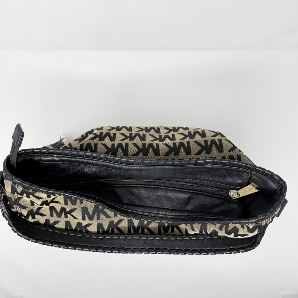 Michael Kors MK Logo Jacquard Hobo Shoulder Bag Black Tan Tassel Charm - Picture 7 of 16